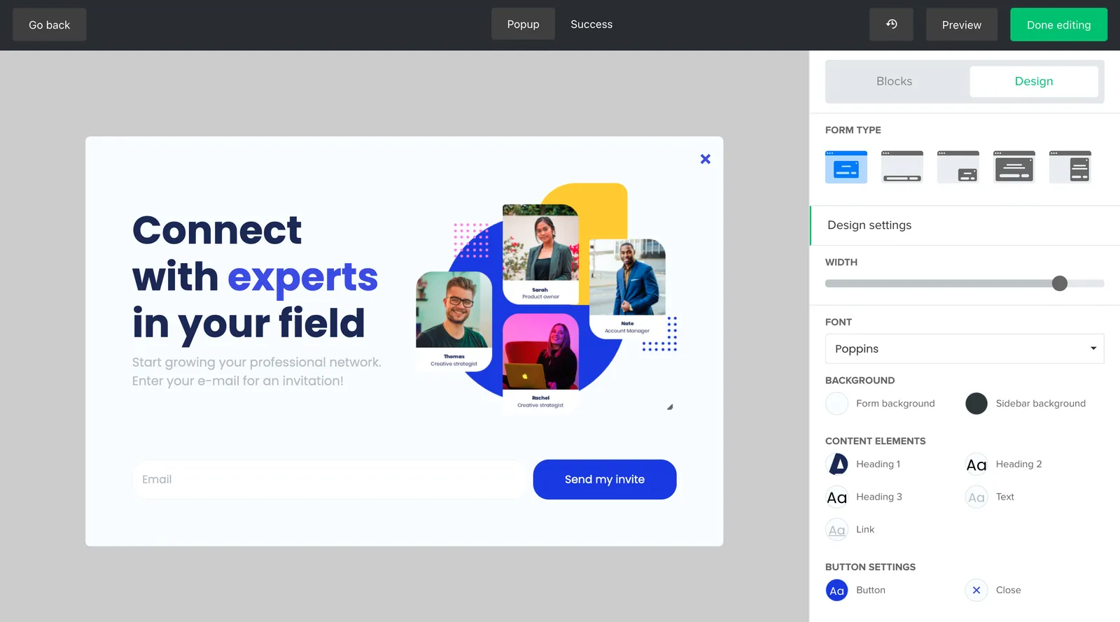 MailerLite pop-up builder editing a signup pop-up